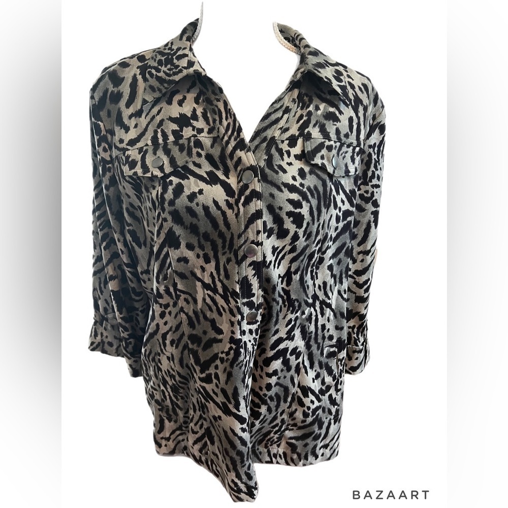 🔥🔥JM Collection Black Animal Print 3/4 Cuff Sleeve Snap Front Shirt Top Sz 14